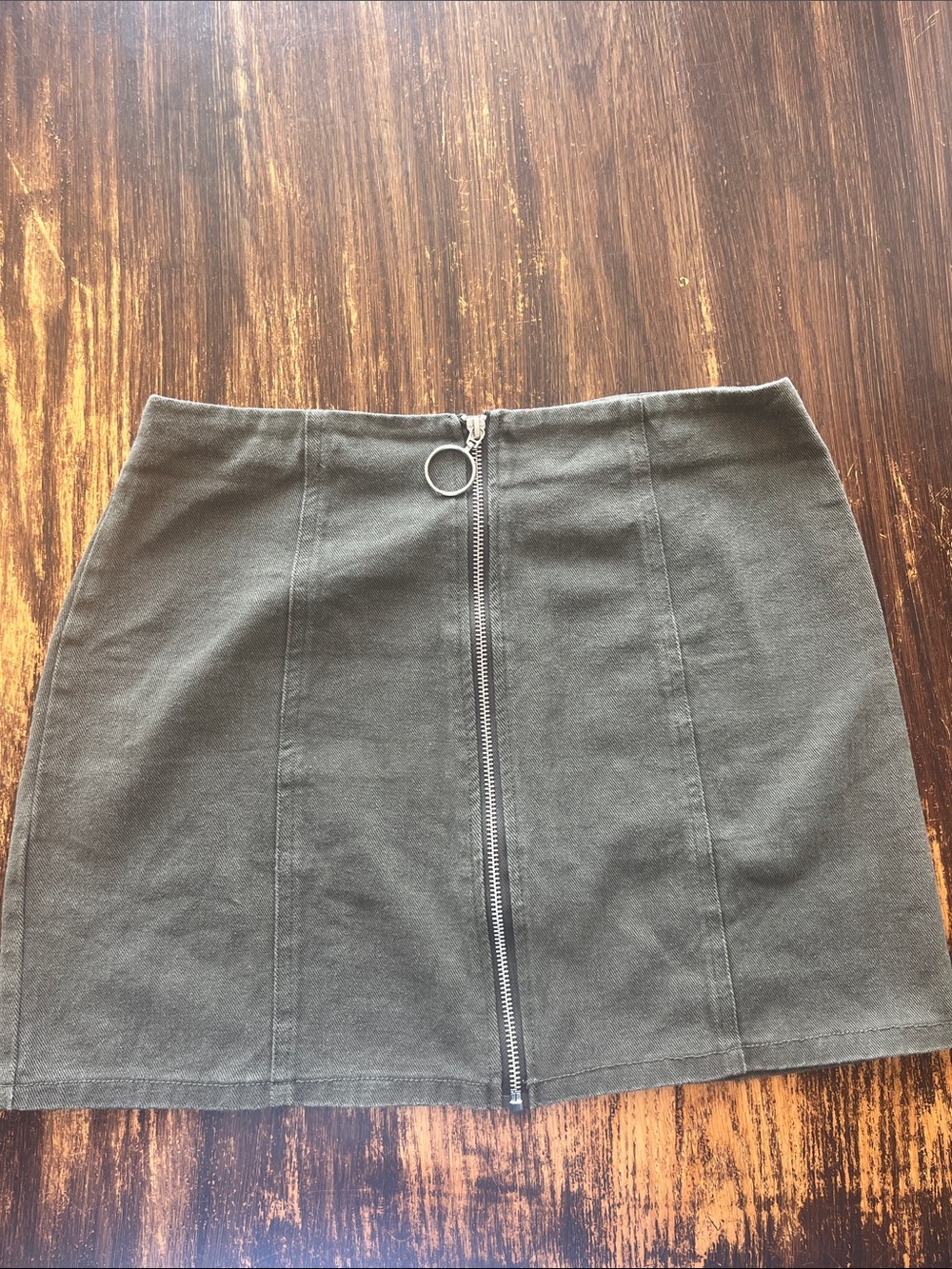 Chloe & Katie Olive Green Mini Skirt with Front Ring Zipper